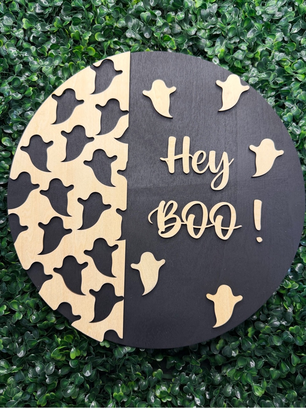 Hey Boo! Round Halloween Ghost Wood Sign - Black and Natural